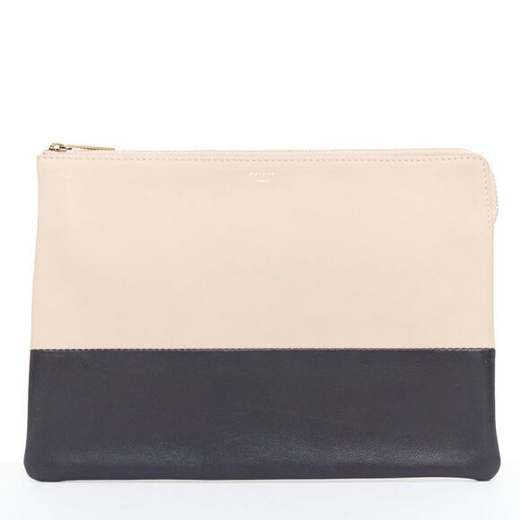 CELINE Solo beige black bicolor smooth leather gold logo pouch clutch - Picture 1 of 10